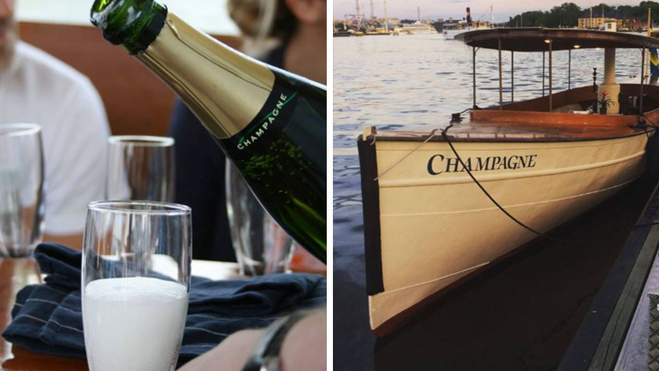 Champagneprovning på klassisk båt i Stockholm med ost och sommelier