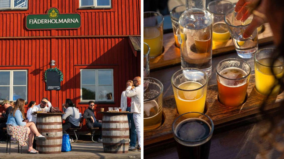 Ölprovning på Fjäderholmarnas Bryggeri i Stockholm med två ölbrickor